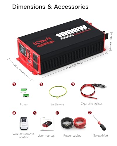 1000 Watts Pure Sine Wave Power Inverter 12V DC to 110V 120V AC Converter for Home RV Off Grid Truck Solar System Inverters with Type (1000W - 12V / Red)