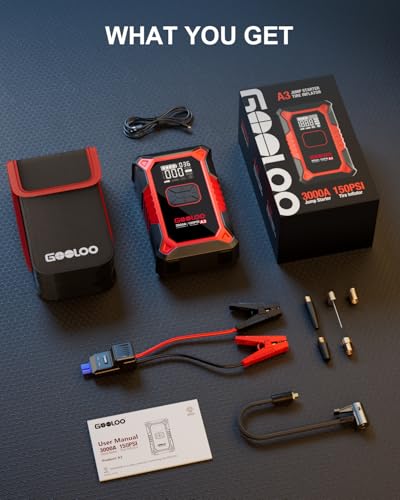 A3 12V 3000A Portable Jump Starter with Air Compressor (Red)