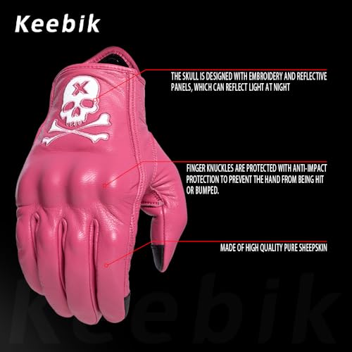 Goatskin Leather Motorcycle Motorbike Powersports Racing Gloves Reflective Skull Touchscreen for Men and Women Model (HEE5 / Medium)