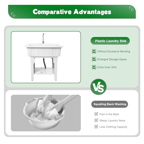 Freestanding Utility Sink Plastic Laundry Tub Sink with Storage Shelf Indoor Outdoor Slop Sink Wash Station for Bathroom Laundry Washing Room (E / White-31.5*22.05*31.5in)