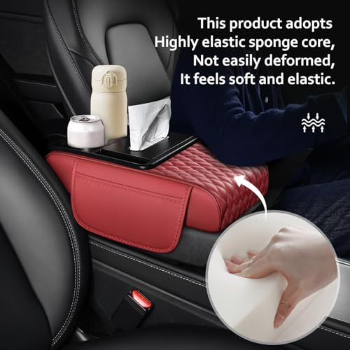5-in-1 Car Center Console Armrest Cover Pad, Multifunctional Car Arm Rest Organizer with Cup Holder, Tissue Slot & Side Storage Pockets, Soft Leather Auto Armrest Cushion, Black, Claret (Claret)