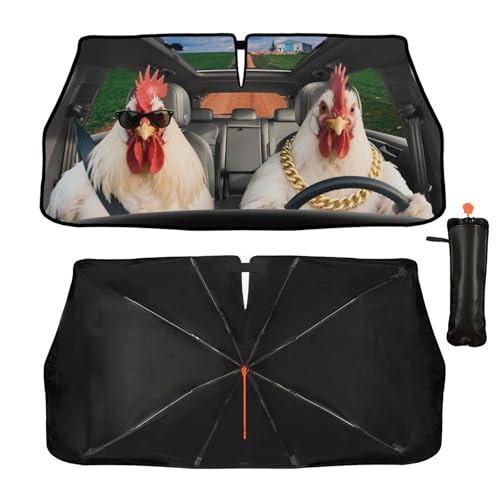 Funny Chicken Car Windshield Umbrella Rooster Windshield Sun Shade Umbrellas for Car Front Window Funny Animal Sun Visor Protector Sunshade to Keep Your Vehicle Cool 57”x 30” (NewStyle-Funny Chicken / Expanded: 147 × 75 cm, Folded: 33 × 11 cm)