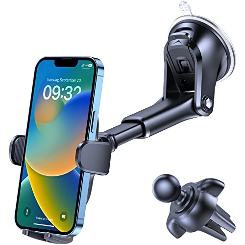 3-in-1 Car Phone Mount for Dashboard, Windshield & Air Vent – Strong Suction Cup Holder with Adjustable Arm & 360° Rotation – Universal Car Cell Phone Holder for iPhone & Android Smartphones (Black)