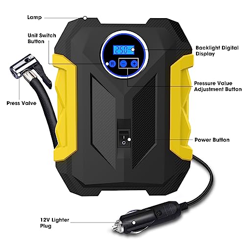 Digital Air Compressor for Car Auto Pump Portable Tire Inflator with LED Light DC 12V (Yellow)