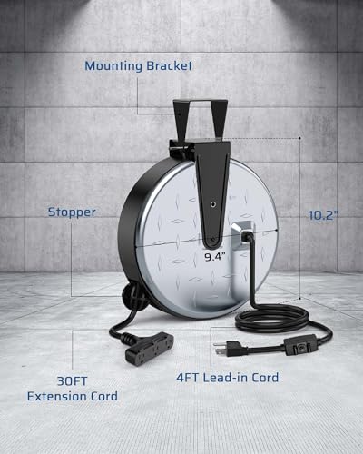 Retractable Extension Cord Reel (Silver/Black-black Cord)