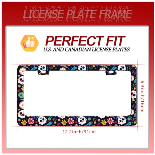 Sugar Skull Flowers Stainless Steel License Plate Frame for US Cars Decor (Sugar skull)