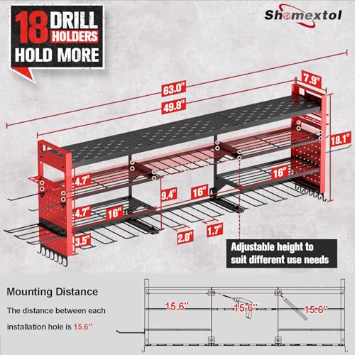 49.8" Power Tool Organizer Wall Mount (Red / 18 Drills Holder-4 Layers)