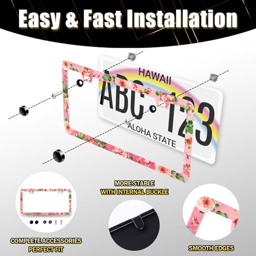 Stainless Steel Rose Pink Floral Flower License Plate Frame 12.3 x 6.3 Incj (Watercolor Roses Pink Floral)