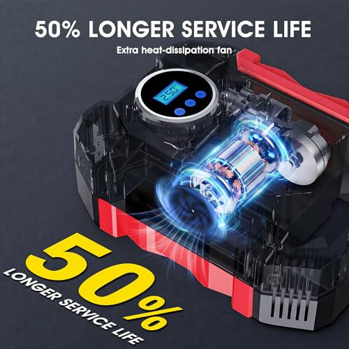 Digital Air Compressor for Car Auto Pump Portable Tire Inflator with LED Light DC 12V (Red)