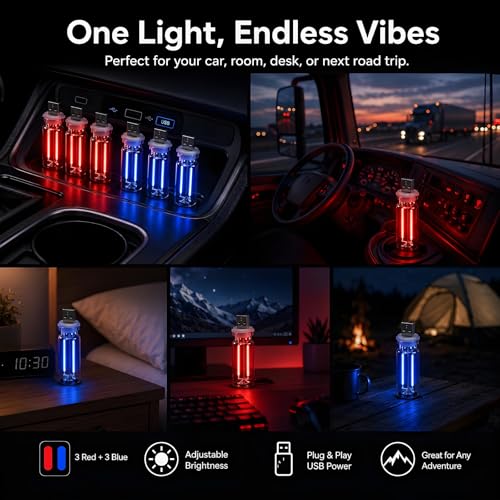 6 Pack USB Car Night Light (3Red&3Blue)