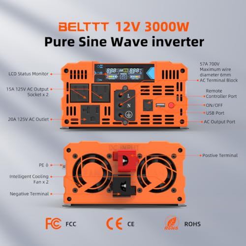 3000W Pure Sine Wave Inverter 12V DC to 120V AC (3000W)