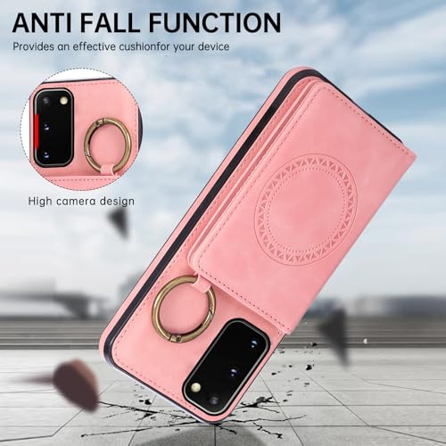 Compatible with Samsung Galaxy S20 5G 6.2 inch Wallet Case and Screen Protector Crossbody Shoulder Strap Ring Buckle Stand Card Holder Magnetic Car Mount Cell Phone Cover for S 20 Women Men Pink (Rose Gold / for S20)