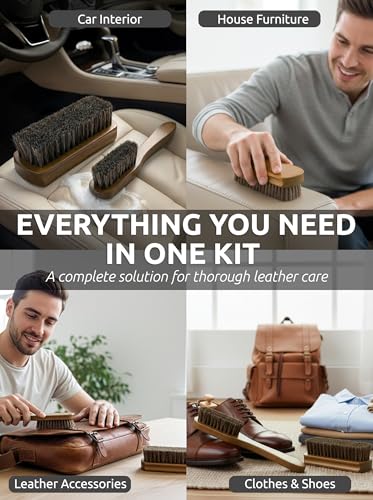 Leather & Upholstery Cleaning Brush Set with Compact Wood Handle (Brown)