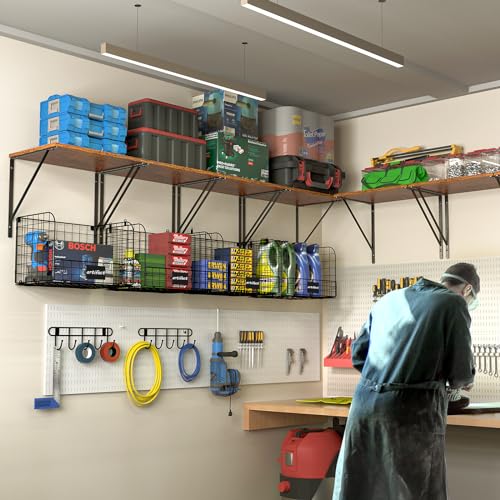 2 Pack Garage Shelves Wall Mounted with Wire Storage Baskets