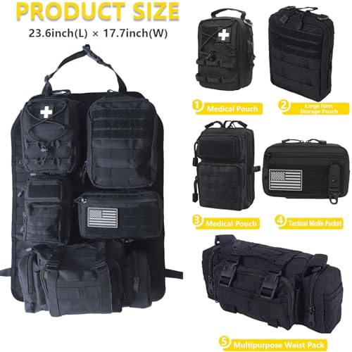 Universal Tactical Seat Back Organizer Vehicle Molle Panel Organizer Storage Bag with 5 Detachable Molle Pouch for All Vehicel Such as Jeep (Upgraded-B-Black)