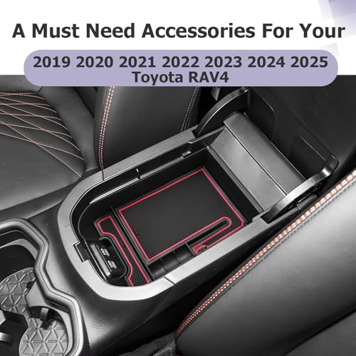for 2025 Toyota RAV 4 Accessories Compatible with 2019 2020 2021 2022 2023 2024 2025 Toyota RAV 4 Center Console Organizer Armrest Console Secondary Storage Box Insert Tray ABS Material Red