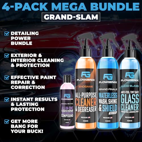 Grand Slam 4 Pack Includes Waterless Car Wash Spray + Instant Car Scratch Remover Repair + Streak Free Window and Glass Cleaner + All Purpose Cleaner for Auto Detailing (Grand Slam 4-Pack)