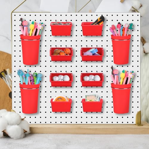 20 Pcs Pegboard Bins and Cups Accessories with Hooks (Red)