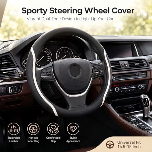 Steering Wheel Cover Black and White Leather Universal 14.5 (Medium / White)