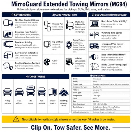 MG94 Dual View Towing Mirrors with Adjustable Blind Spot Mirror