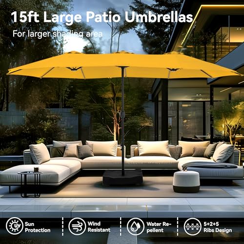 15ft Large Outdoor Patio Umbrella with Base Included (Golden Yellow)