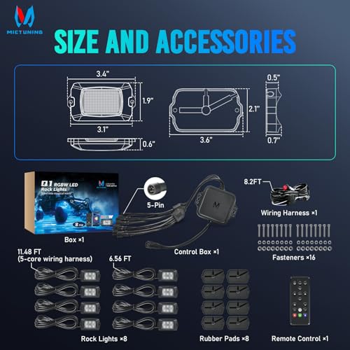 Q1 RGBW 8 Pod Rock Lights for Trucks with App & Remote Control (Rgbw 8 pods)