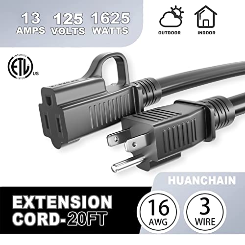 Indoor Outdoor Black Extension Cord 20 FT Waterproof 16 (20 FT / 16/3 Extension Cord / Black)