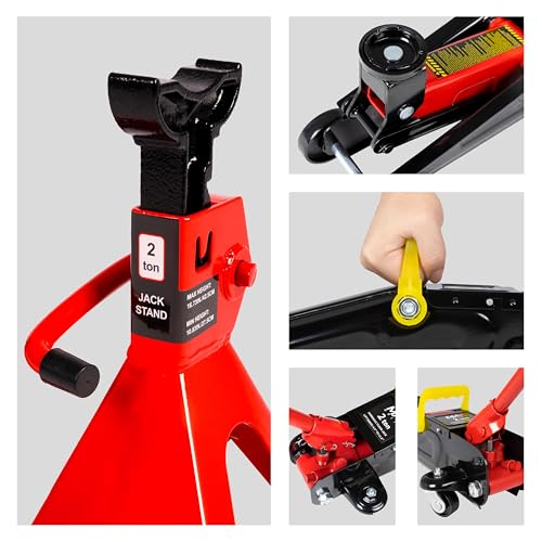 2-Ton (4400 lbs) Hydraulic Low Profile Trolley Garage Service/Floor Jack with Blow Mold Carrying Storage Case and 1 Pair 2 Ton Jack Stands for Home and Workshop Vehicle Maintenance