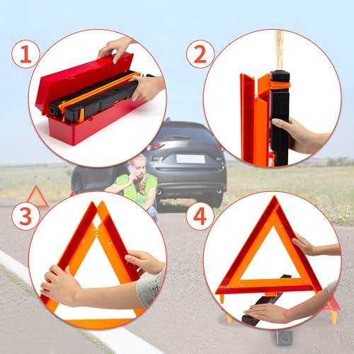 3Pack Car Warning Triangle Heavy Reflective Warning Road Safety Triangle Kit Suitable for car Breakdown and Temporary Parking on the Road (Red-L-3)