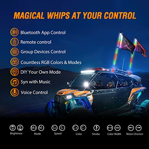 2PCS 6FT RGB LED Whip Lights APP & Remote Control (RGB-Quick Connect Base / 6FT -2PCS)