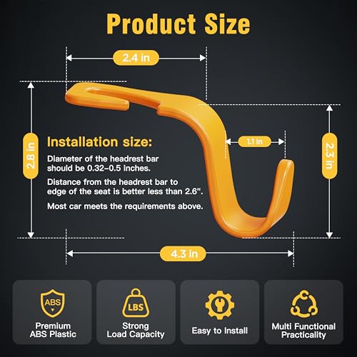 4 Pack Car Headrest Hooks Holds 55lbs Seat Storage Organizer for Bags (Yellow)