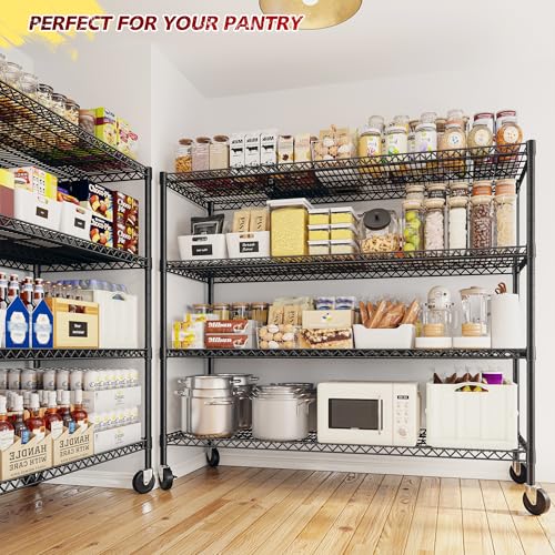 55.52''W Storage Shelves 2480LBS Wire Shelving Unit with Wheels Heavy Duty Metal Shelves for Storage Adjustable Garage Storage Rack Pantry Shelf (Black)