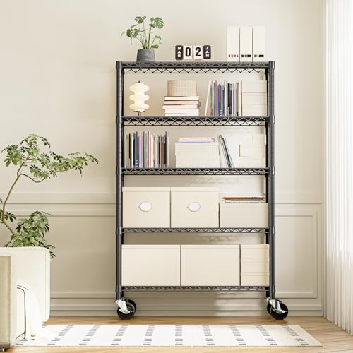 5 Tier Adjustable Heavy Duty Steel Wire Shelving Unit with Wheels (5 Tier, 17.7" D x 47.2" W x 76.7" H / Black)