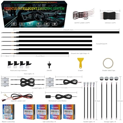 Dreamcolor Acrylic Car Interior Lights 18 in 1 RGB Car Ambient Lighting Kit APP Control Zoned Control System 252 Color Modes DIY 16 Million Colors Music Sound Active Neon Light Kits New Version (dreamcolor 18 lights(new))