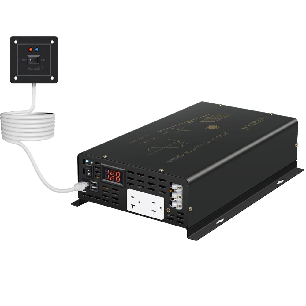 Pure Sine Wave Power Inverter 3000W 12VDC to 120VAC 6000W Peak Dual AC Outlets &2× 2.4A USB Port &Hardwire Terminal with 16ft Remote Conrtol Off (3000W12V)