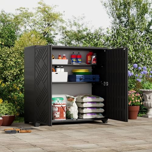 Indoor Outdoor Storage Cabinet Waterproof (Cabinet With 2 Shelf, Black)