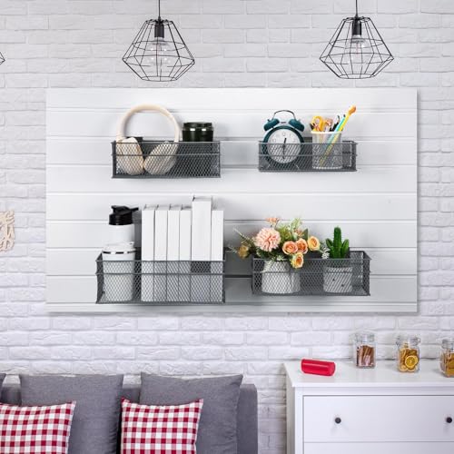 4 Pcs Slatwall Basket Set Ventilated Metal Slatwall Basket Hanging Wire Bins Wall Mounted Accessories for Panel Garage Storage Display Organizing (Assorted Sizes / Grey)