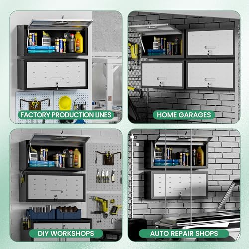 Garage Tool Cabinet (Black & Grey / H13.58" - Flip-up Door 2Set)
