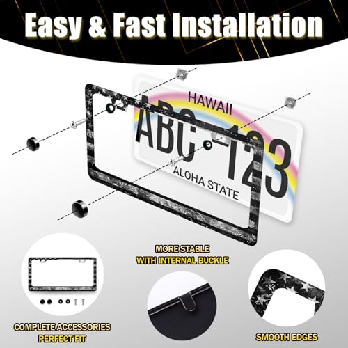 Stainless Steel Vintage Black Grey American License Plate Frame 12.2 x 6.2 (Black Grey American Retro Flag)