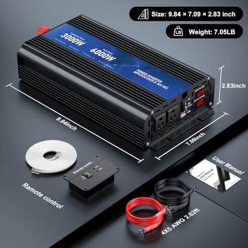 3000W Power Inverter 12V DC to 110V (3000W LCD / BLUE)
