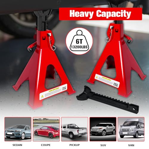 Jack Stands 6 Ton (6 Ton Double Pin Locking with Rubber Pads / Red)