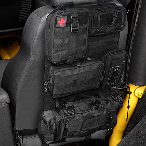 Universal Tactical Seat Back Organizer Vehicle Molle Panel Organizer Storage Bag with 5 Detachable Molle Pouch for All Vehicel Such as Jeep (Black)