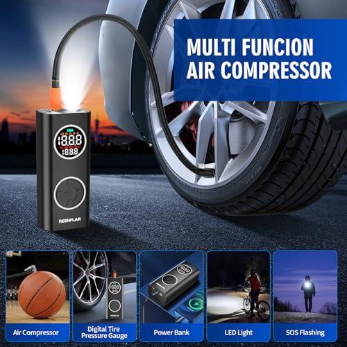 Cordless Tire Inflator Portable Air Compressor with Dual Nozzle & Digital Gauge (Upgraded Air Hose)