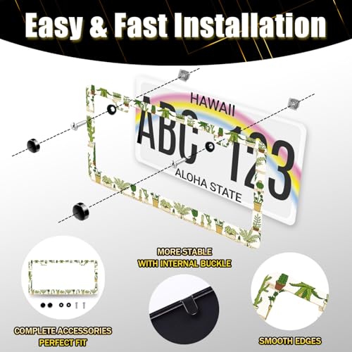 Cute Cactus Stainless Steel Tropical License Plate Frame 12.2 x 6.2 Inch (Cactus Pattern 01)