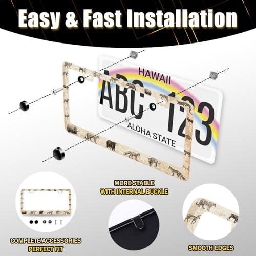 Stainless Steel Retro Personalize Animals License Plate Frame 12.2 x 6.2 in (Retro Animal Pattern)