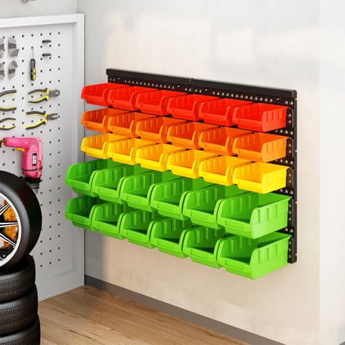 Wall Mounted Storage Bins Parts Rack 4 Colors Bin Organizer Garage Plastic Shop Tool (25.2"*16.2" / VIvid)