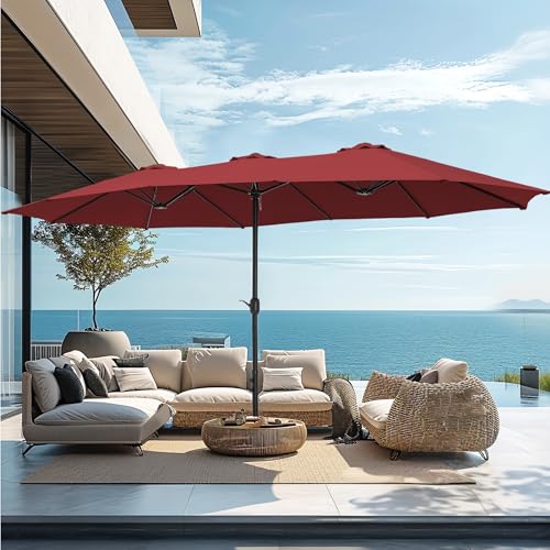 15ft Large Outdoor Patio Umbrella with Base Included (Dark Red)