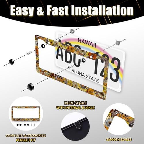 Stainless Steel Boho Retro Sunflower License Plate Frame 12.2 x 6.2 Inch (Retro Sunflower Floral)