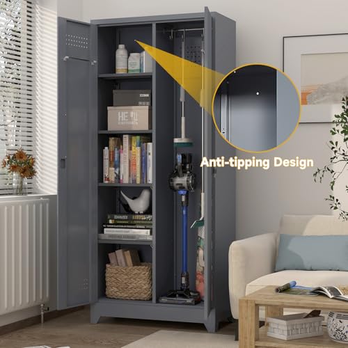 72'' Metal Utility Storage Cabinet with Pegboard & Tool Hanging Bars (Grey / 72.8"H Broom Cabinet)