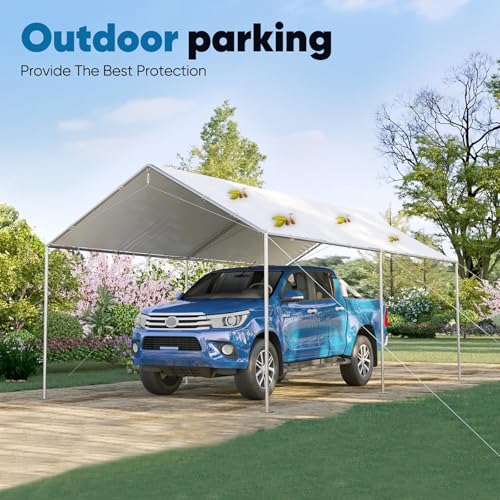 10x20 ft Heavy Duty Car Canopy Galvanized Frame Carport Outdoor Party Tent Boat Shelter with 3 Reinforced Steel Cables (White / 10'x20')